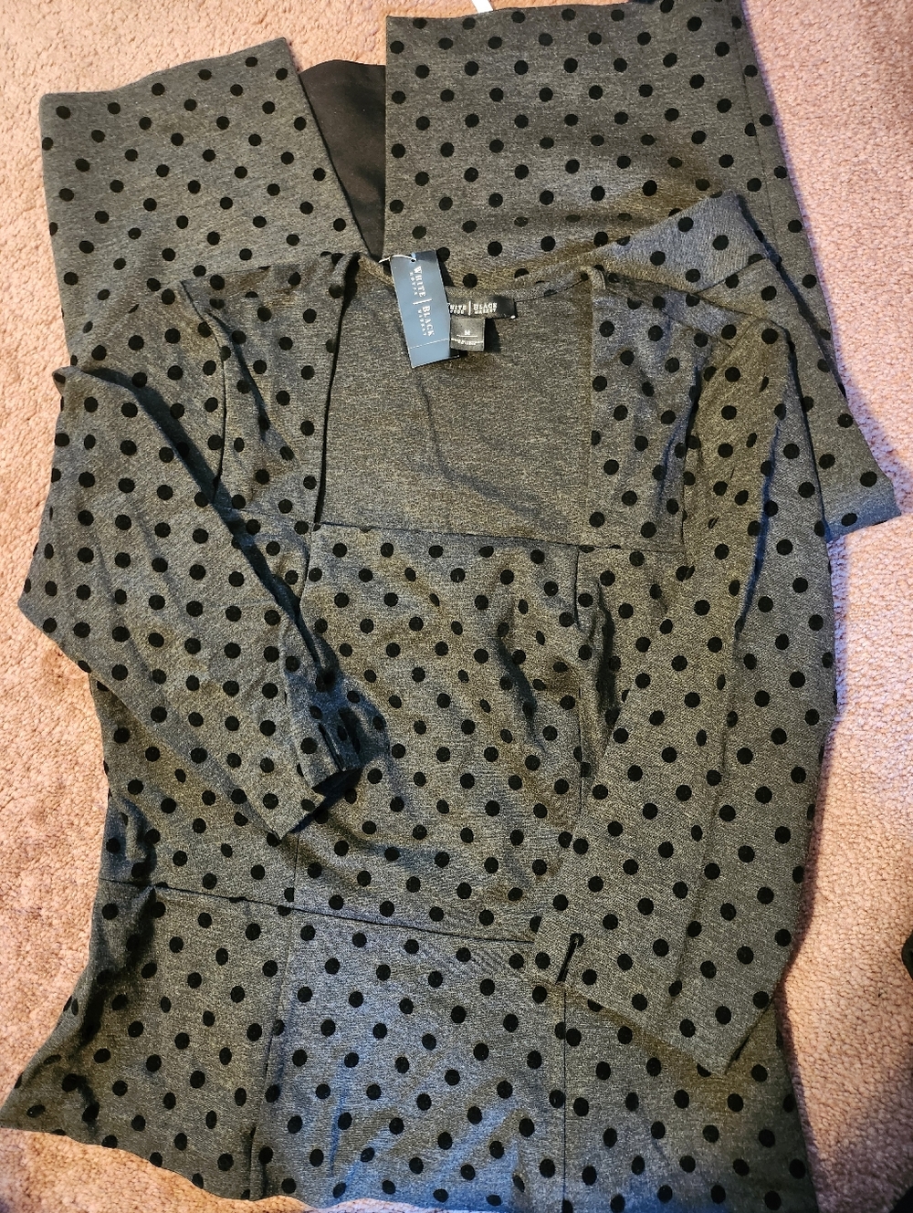 White House Black Market Gray Knit Top with Black Polka Dots